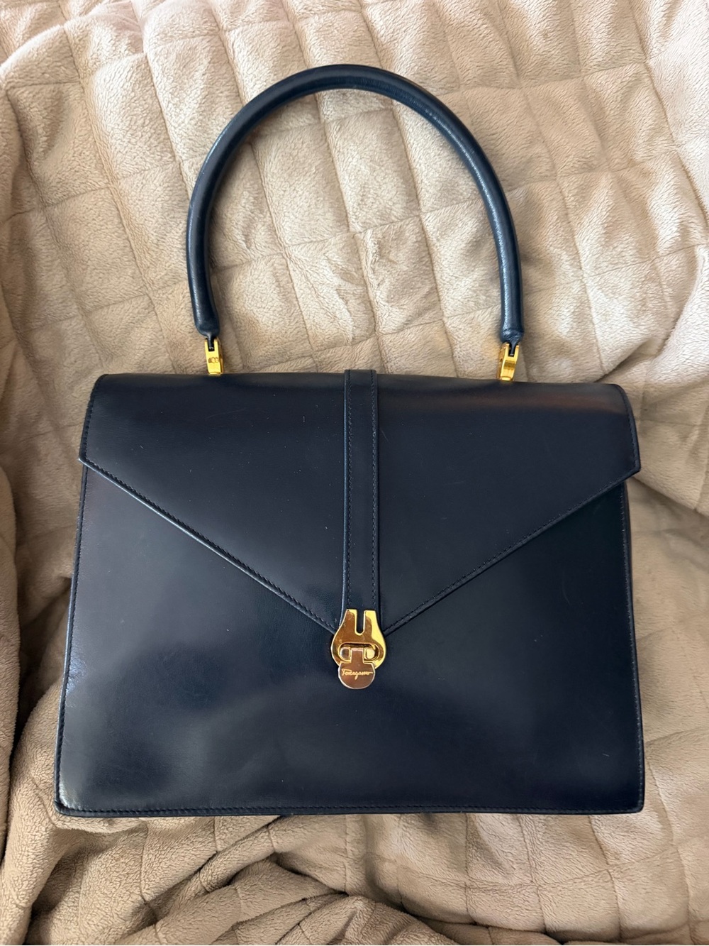 Salvatore Ferragamo Navy Blue Leather Top-Handle Bag Gold Hardware, Etched Logo